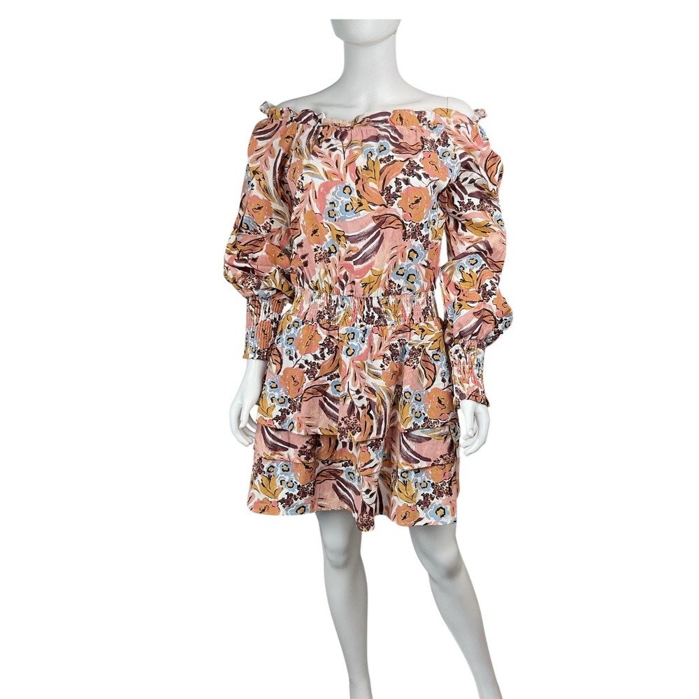 Girl and the Sun Floral Print Dress Off Shoulder Long Sleeve Tiered smocked Mini